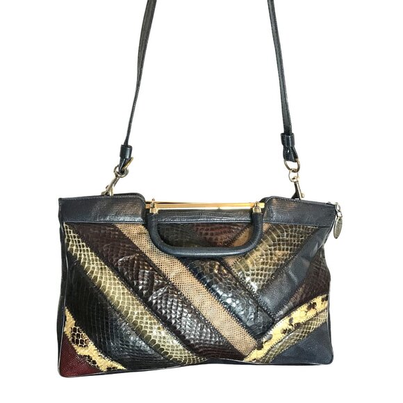 Vintage Clutch / Shoulder Envelope Bag Navy Blue & Tan Snakeskin Patchwork - Picture 7 of 10